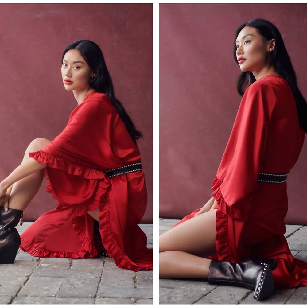 ANTHROPOLOGIE x HUTCH One-Shoulder Ruffled Draped Caftan Maxi Dress Red {MM29}